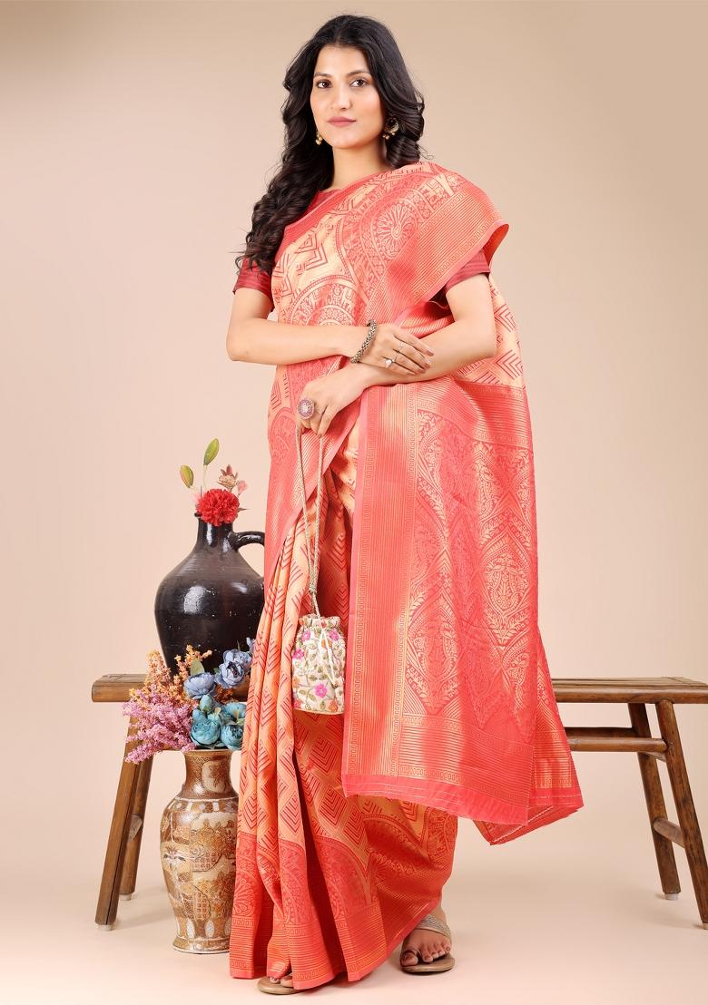 Peach Woven Zari Work Banarasi Silk Saree Set