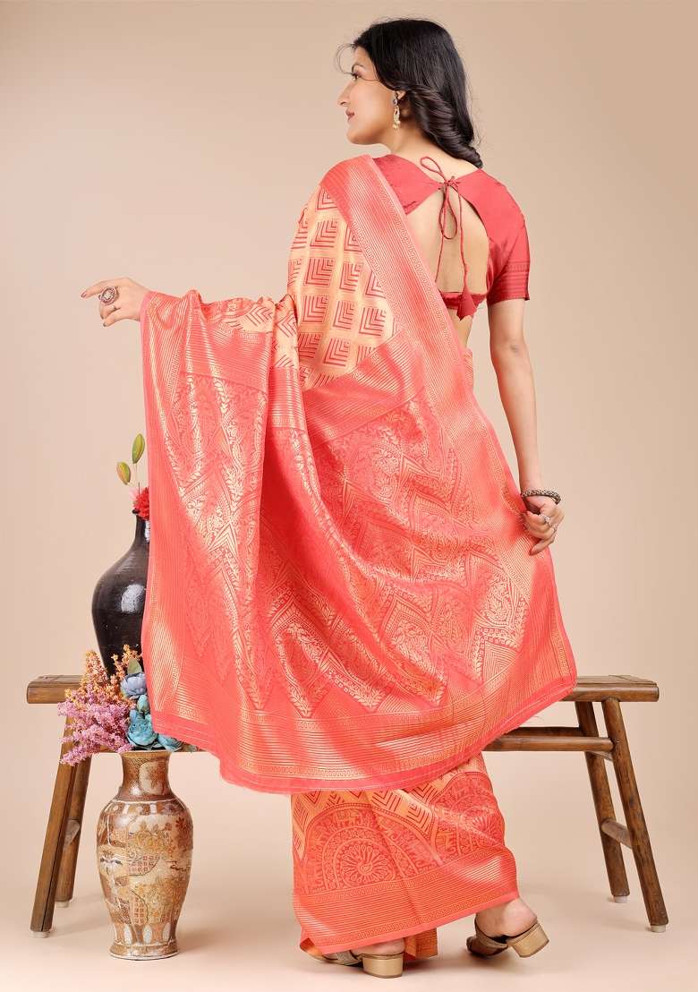 Peach Woven Zari Work Banarasi Silk Saree Set - Indya