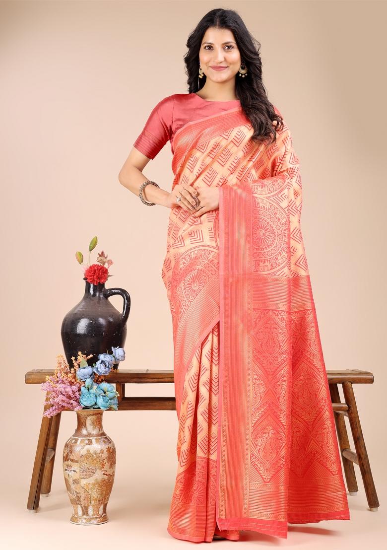 Peach Woven Zari Work Banarasi Silk Saree Set