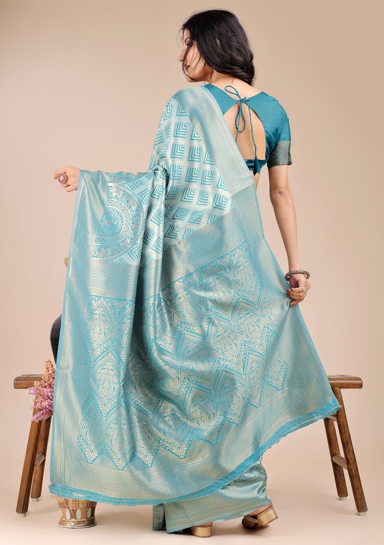 Sea Green Woven Zari Work Banarasi Silk Saree Set