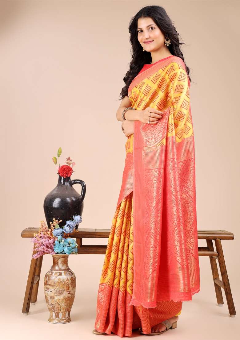 Yellow And Red Woven Zari Work Banarasi Silk Saree Set - Indya