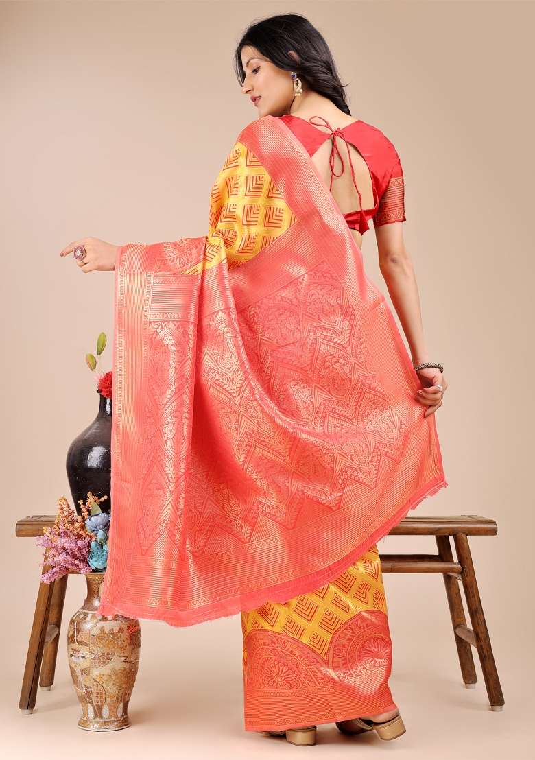 Yellow And Red Woven Zari Work Banarasi Silk Saree Set - Indya