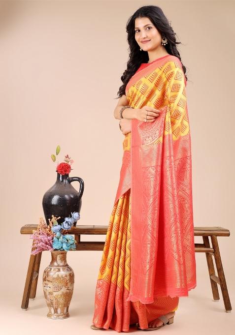 Yellow And Red Woven Zari Work Banarasi Silk Saree Set