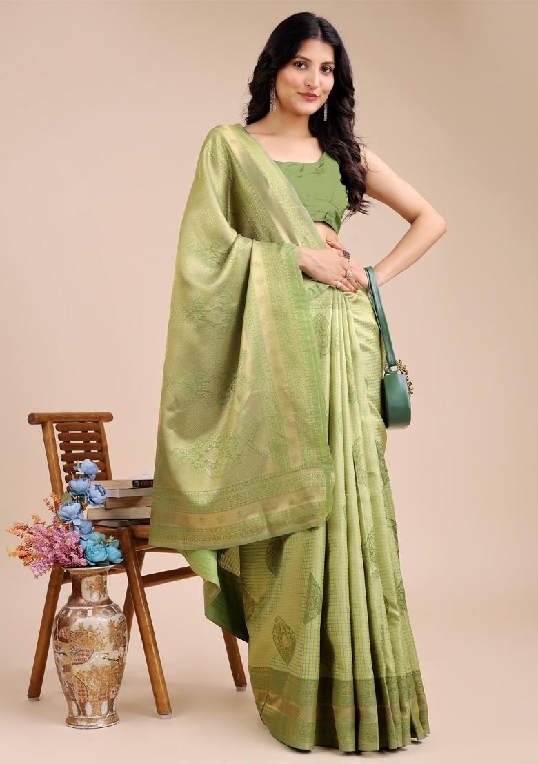 Light Green Woven Zari Work Banarasi Silk Saree Set