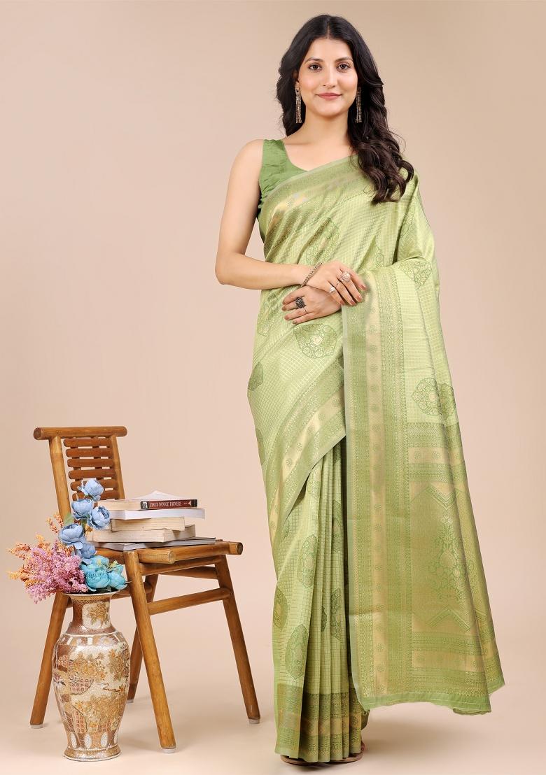 Light Green Woven Zari Work Banarasi Silk Saree Set