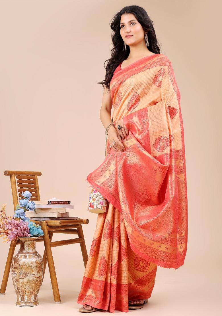 Orange And Red Woven Zari Work Banarasi Silk Saree Set