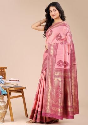 Light Pink And Magenta Woven Zari Work Banarasi Silk Saree Set