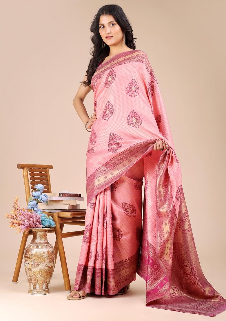 Light Pink And Magenta Woven Zari Work Banarasi Silk Saree Set