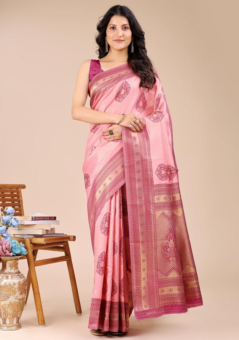 Light Pink And Magenta Woven Zari Work Banarasi Silk Saree Set