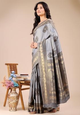 Grey Woven Zari Work Banarasi Silk Saree Set