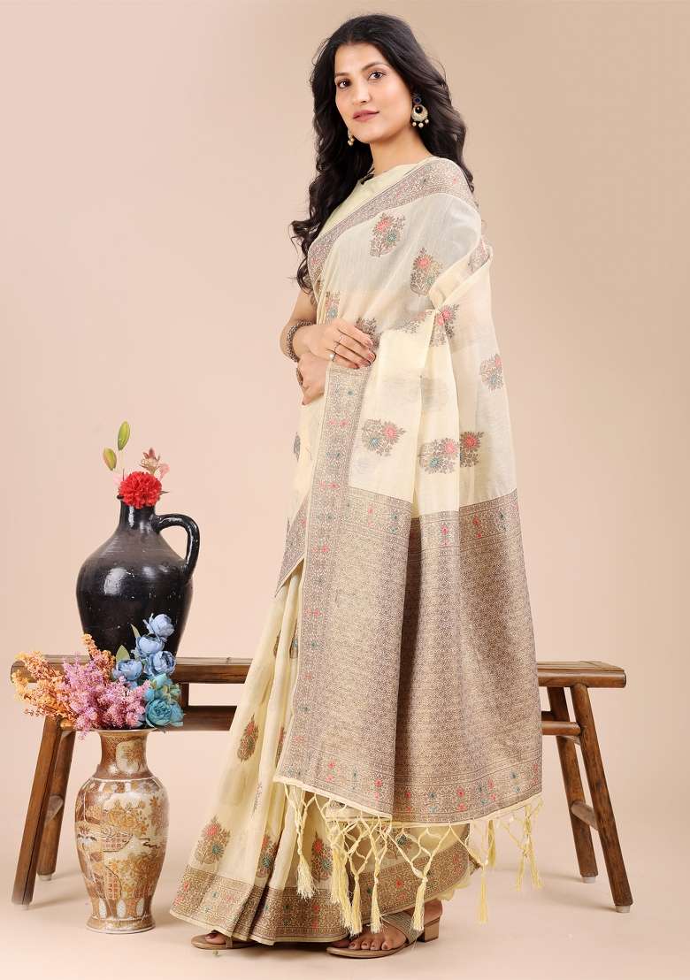 Cream Woven Zari Work Cotton Saree Set - Indya