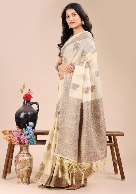 Cream Woven Zari Work Cotton Saree Set