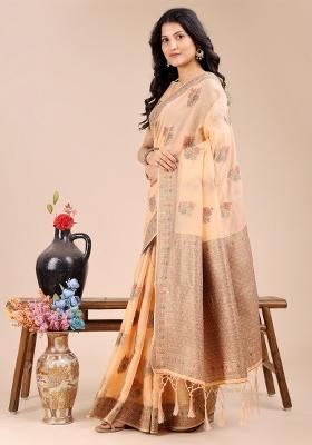 Peach Woven Zari Work Cotton Saree Set