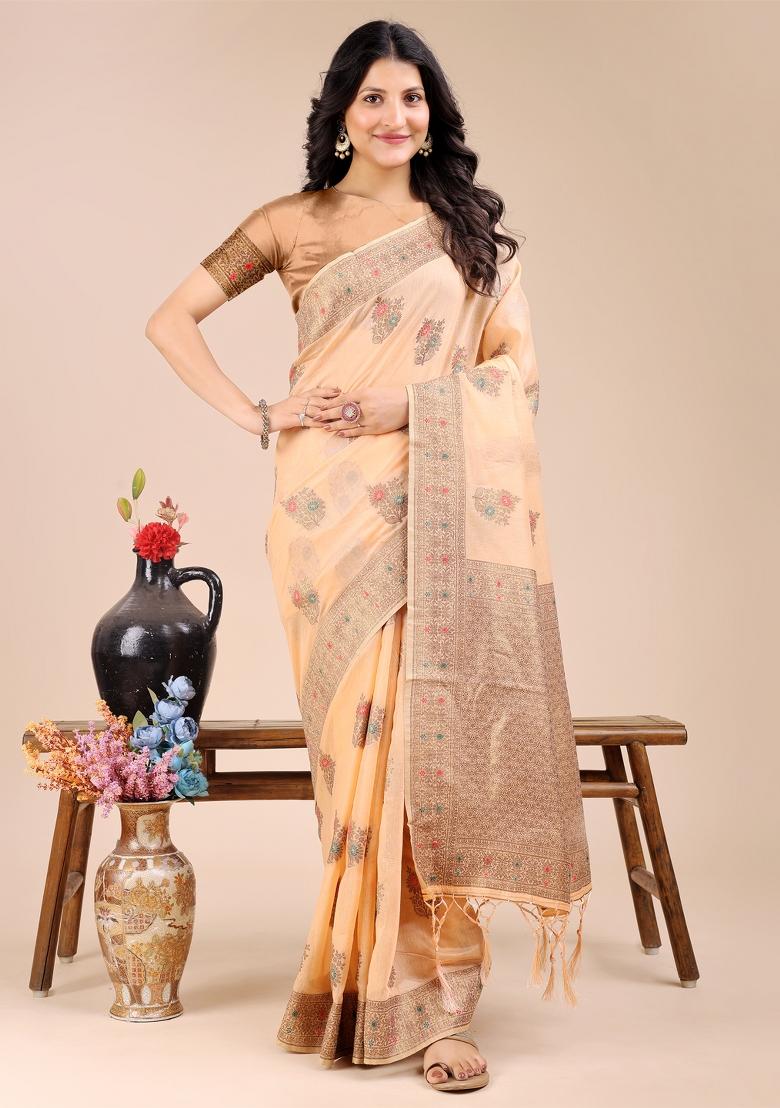 Peach Woven Zari Work Cotton Saree Set