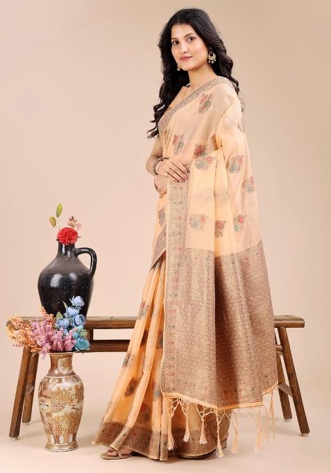 Peach Woven Zari Work Cotton Saree Set