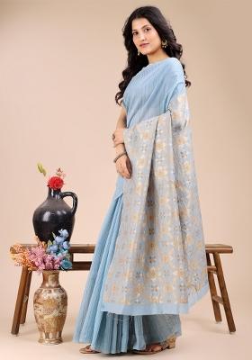 Sky Blue Woven Zari Work Cotton Saree Set