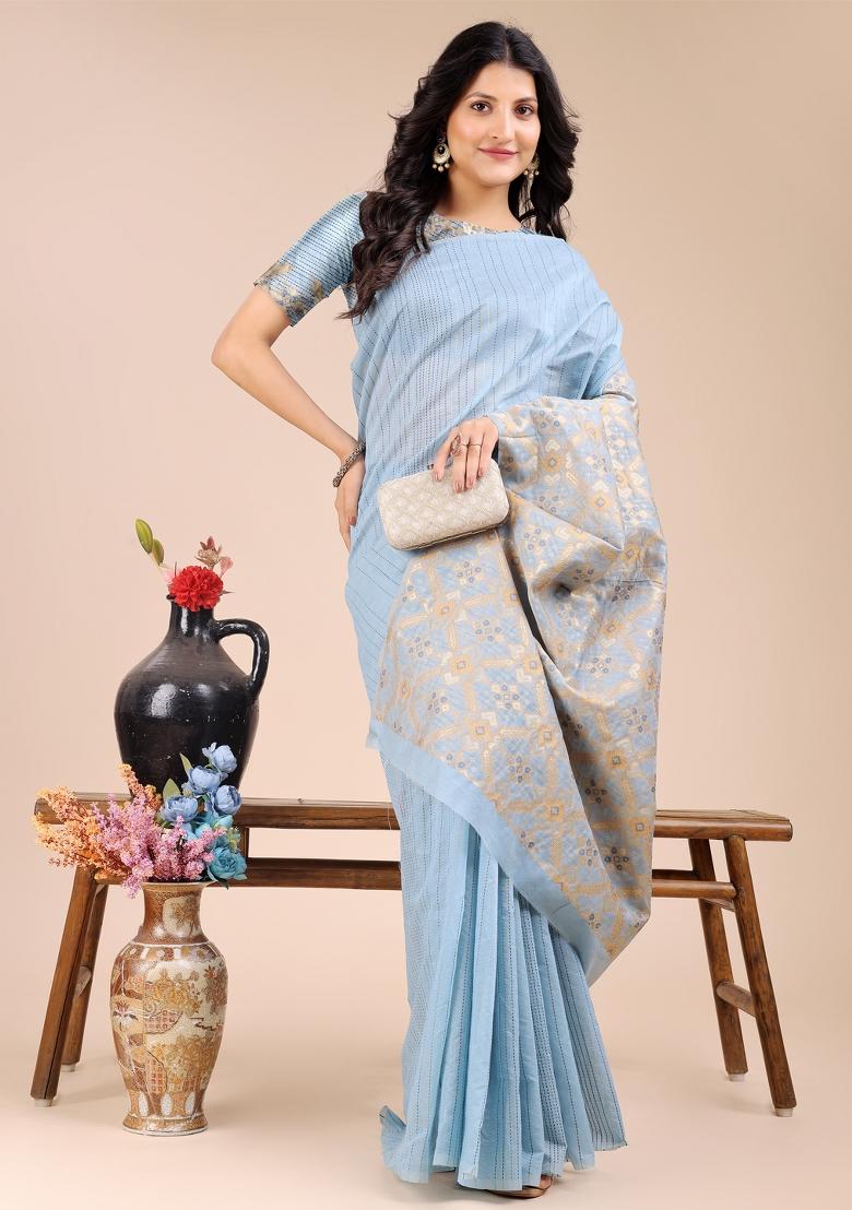 Sky Blue Woven Zari Work Cotton Saree Set