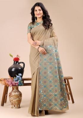 Beige Woven Zari Work Cotton Saree Set