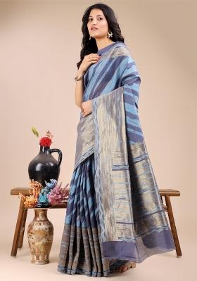 Blue Woven Zari Work Cotton Saree Set