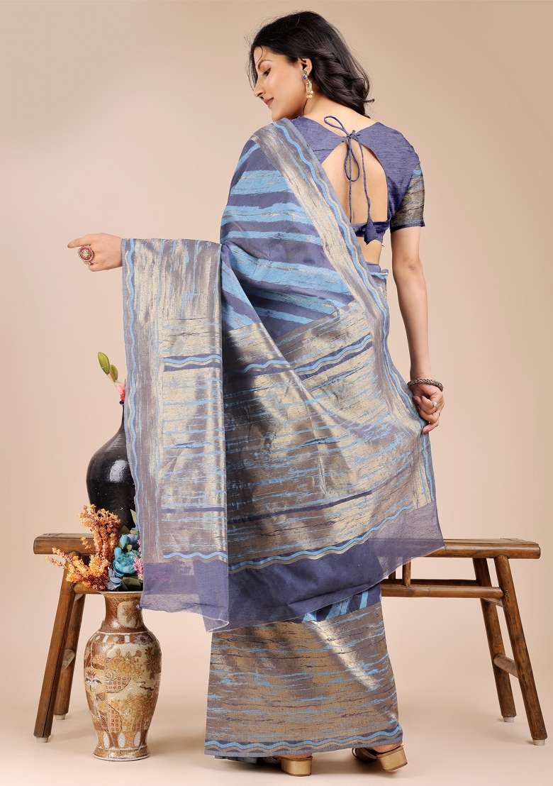 Blue Woven Zari Work Cotton Saree Set - Indya