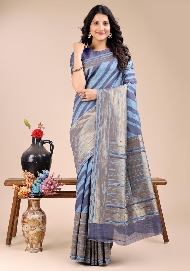 Blue Woven Zari Work Cotton Saree Set