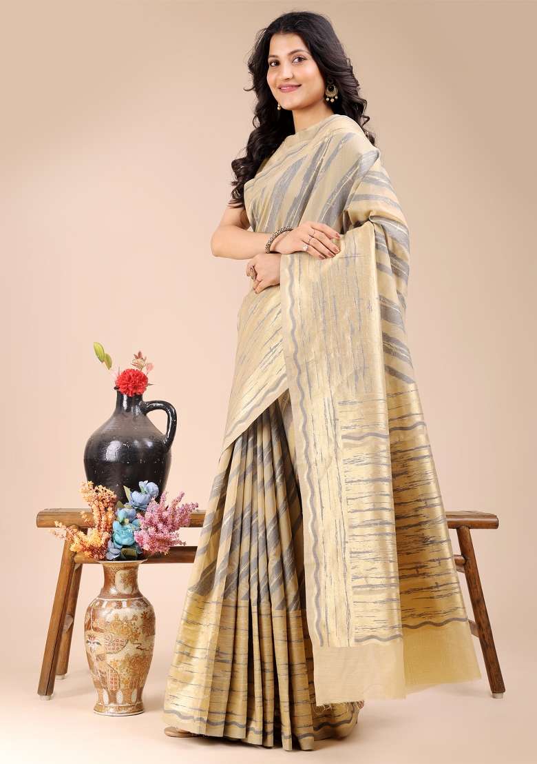 Cream Woven Zari Work Cotton Saree Set - Indya