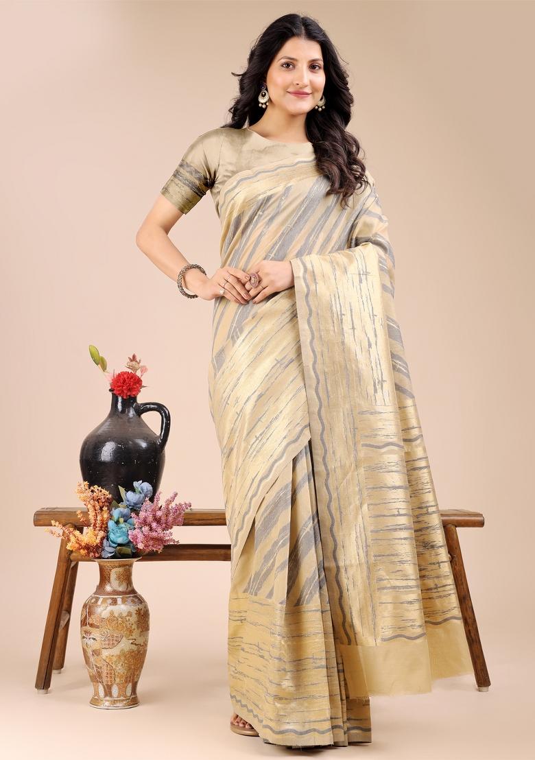 Cream Woven Zari Work Cotton Saree Set