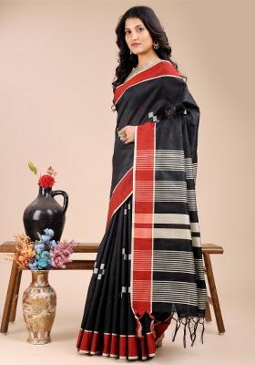 Black Woven Zari Work Cotton Saree Set