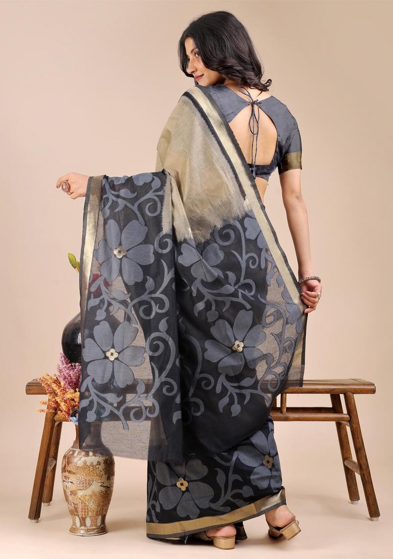 Cream And Black Woven Zari Work Cotton Saree Set