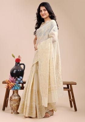 Off White Woven Zari Work Cotton Saree Set