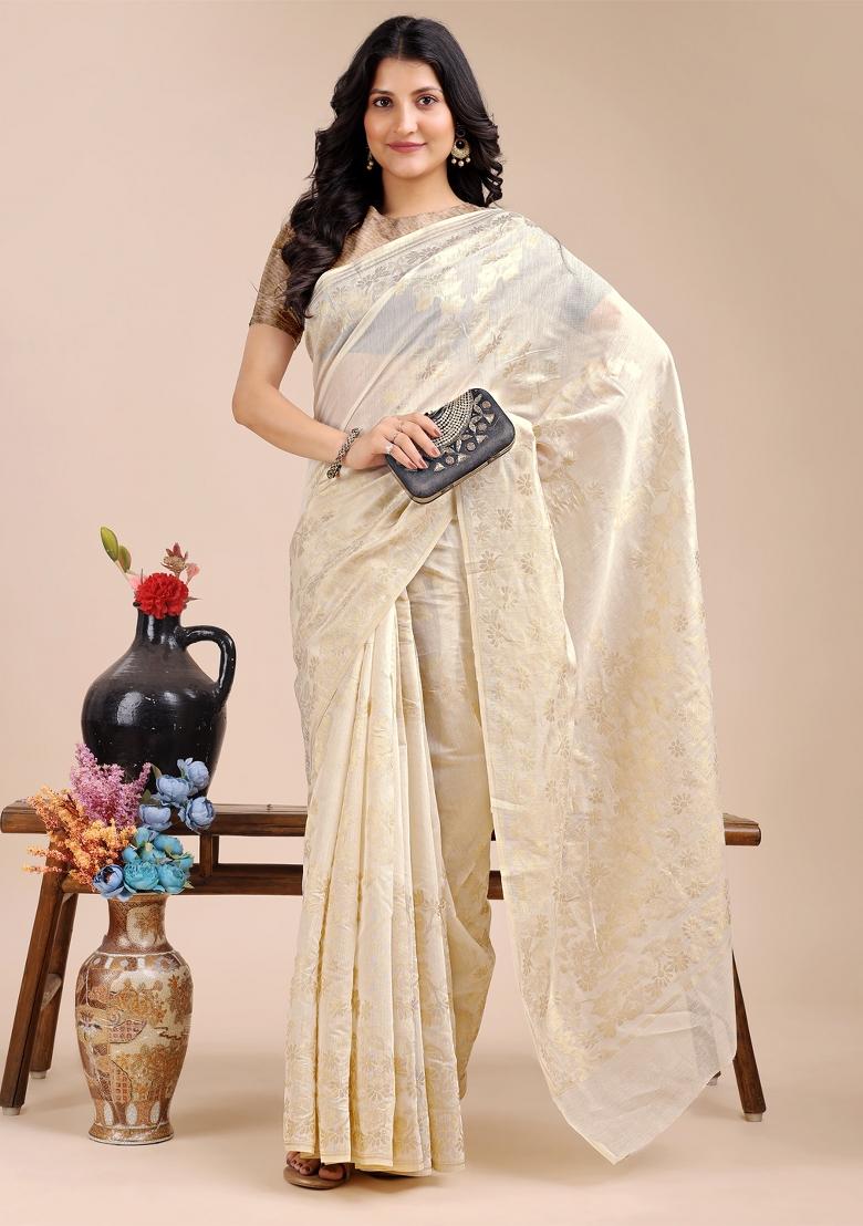 Off White Woven Zari Work Cotton Saree Set