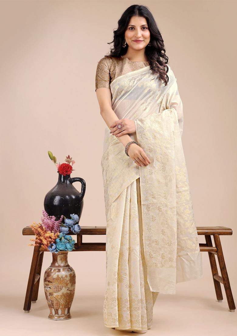 Off White Woven Zari Work Cotton Saree Set
