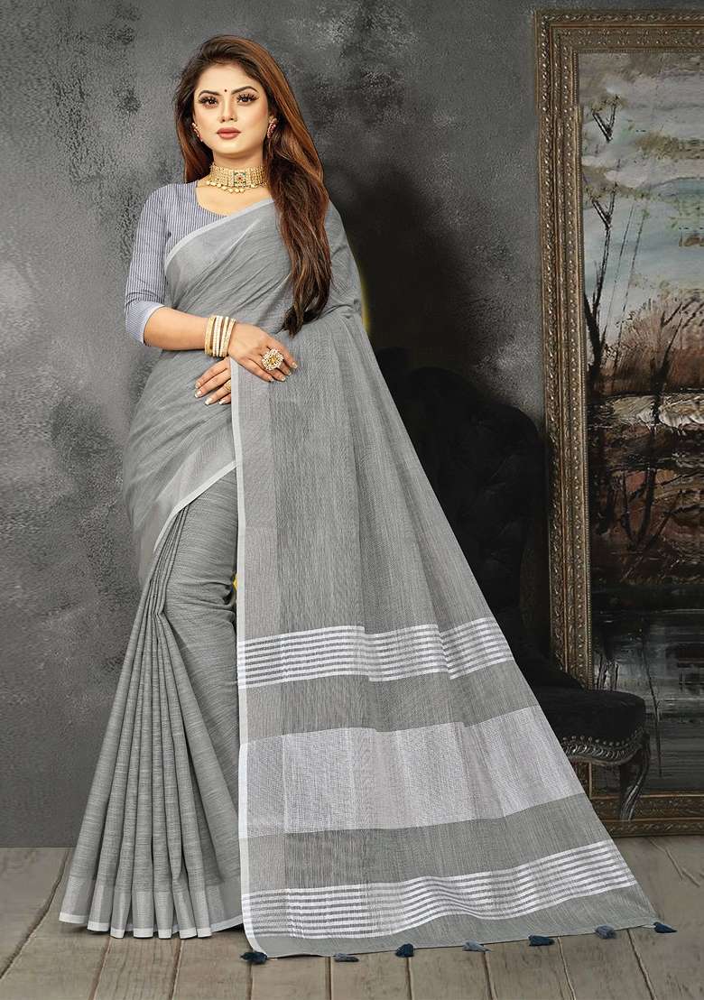 Light Grey Woven Zari Work Linen Cotton Saree Set - Indya