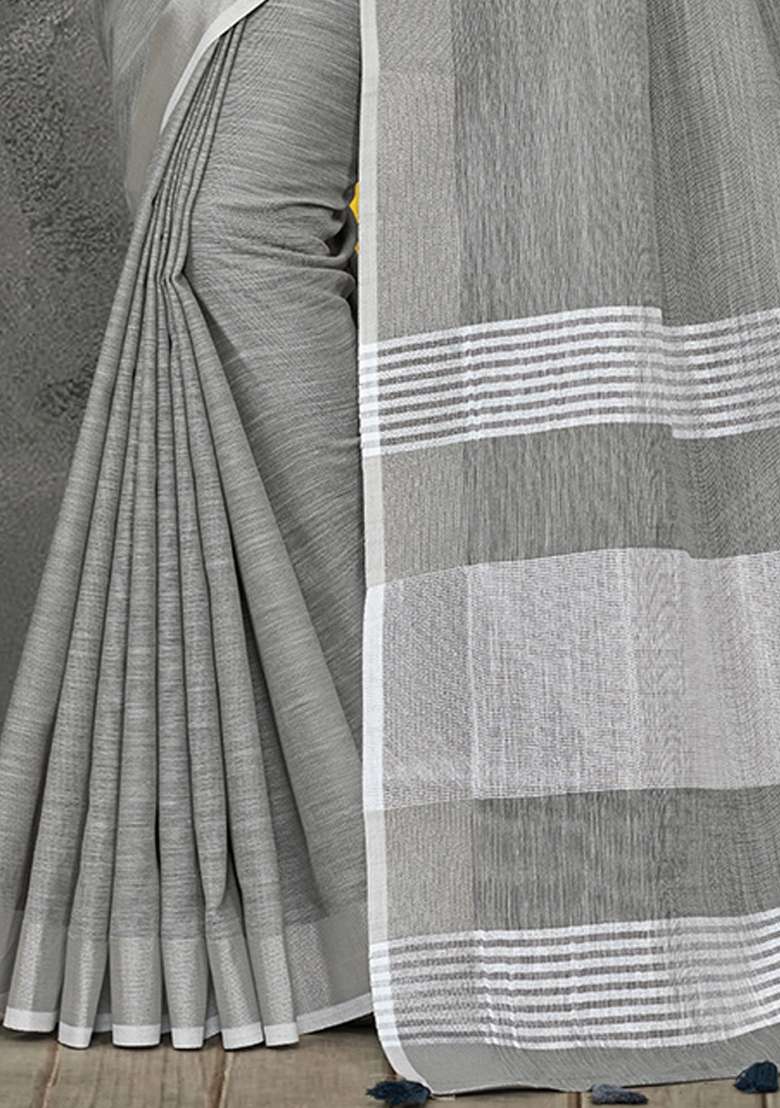 Light Grey Woven Zari Work Linen Cotton Saree Set - Indya