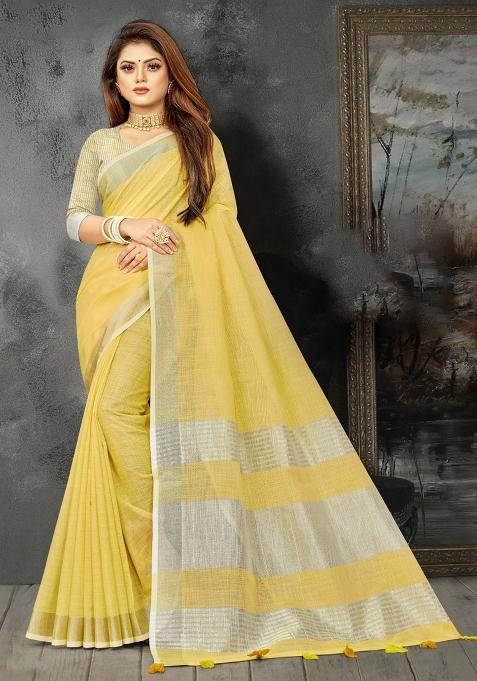 Yellow Woven Zari Work Linen Cotton Saree Set