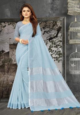 Sky Blue Woven Zari Work Linen Cotton Saree Set