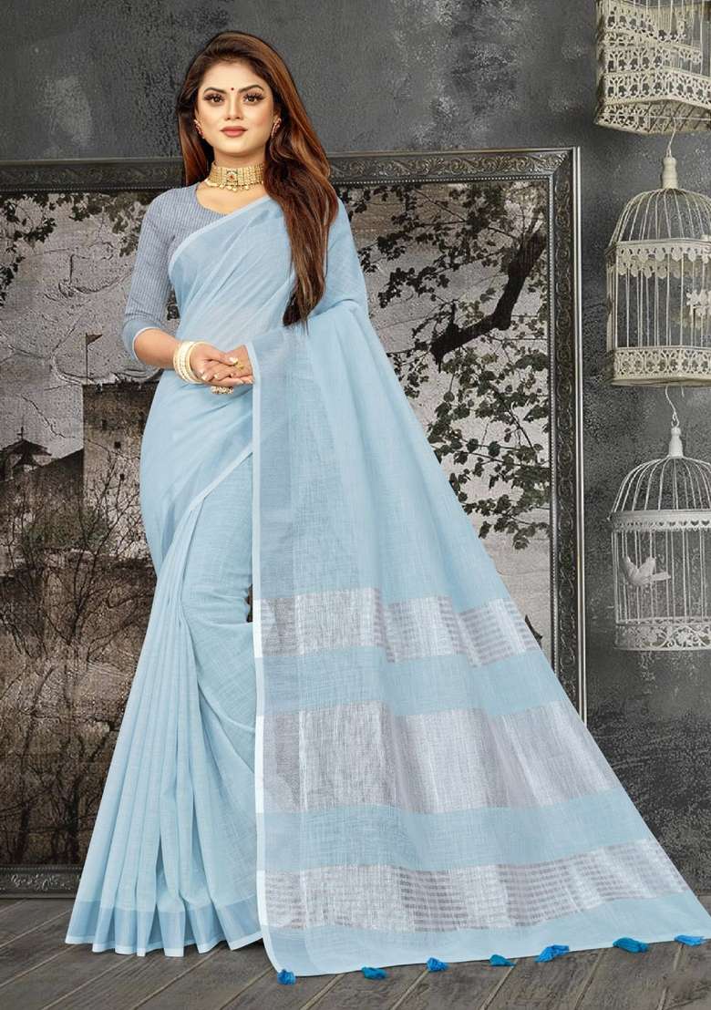 Sky Blue Woven Zari Work Linen Cotton Saree Set - Indya