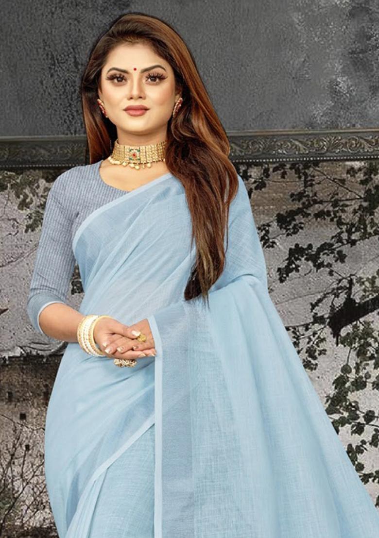 Sky Blue Woven Zari Work Linen Cotton Saree Set