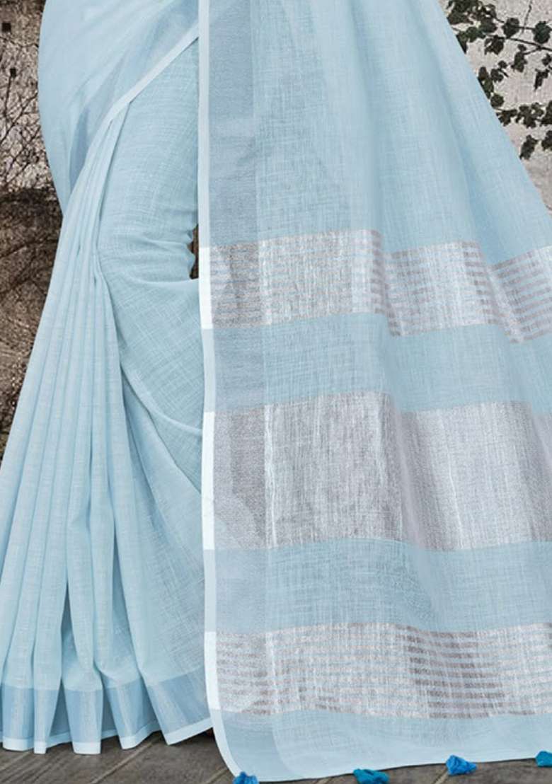 Sky Blue Woven Zari Work Linen Cotton Saree Set - Indya