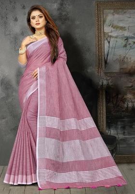 Purple Woven Zari Work Linen Cotton Saree Set