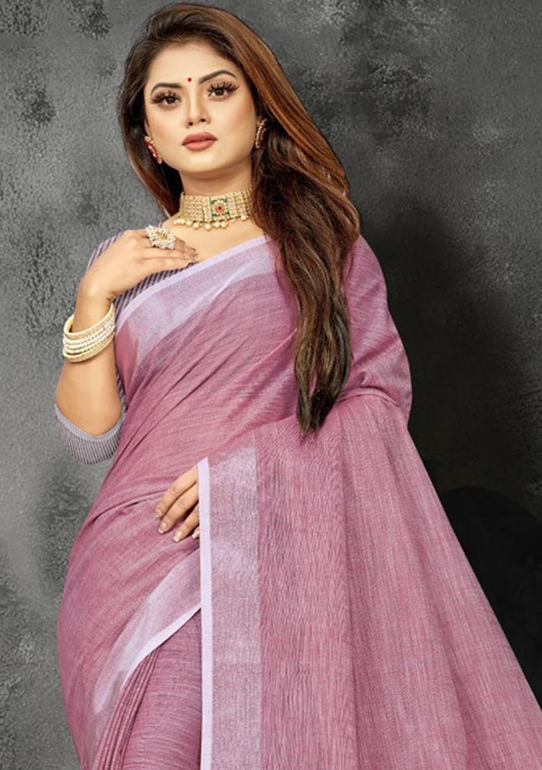 Purple Woven Zari Work Linen Cotton Saree Set
