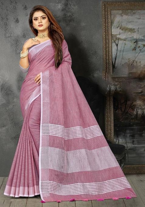 Purple Woven Zari Work Linen Cotton Saree Set
