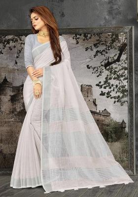 White Woven Zari Work Linen Cotton Saree Set