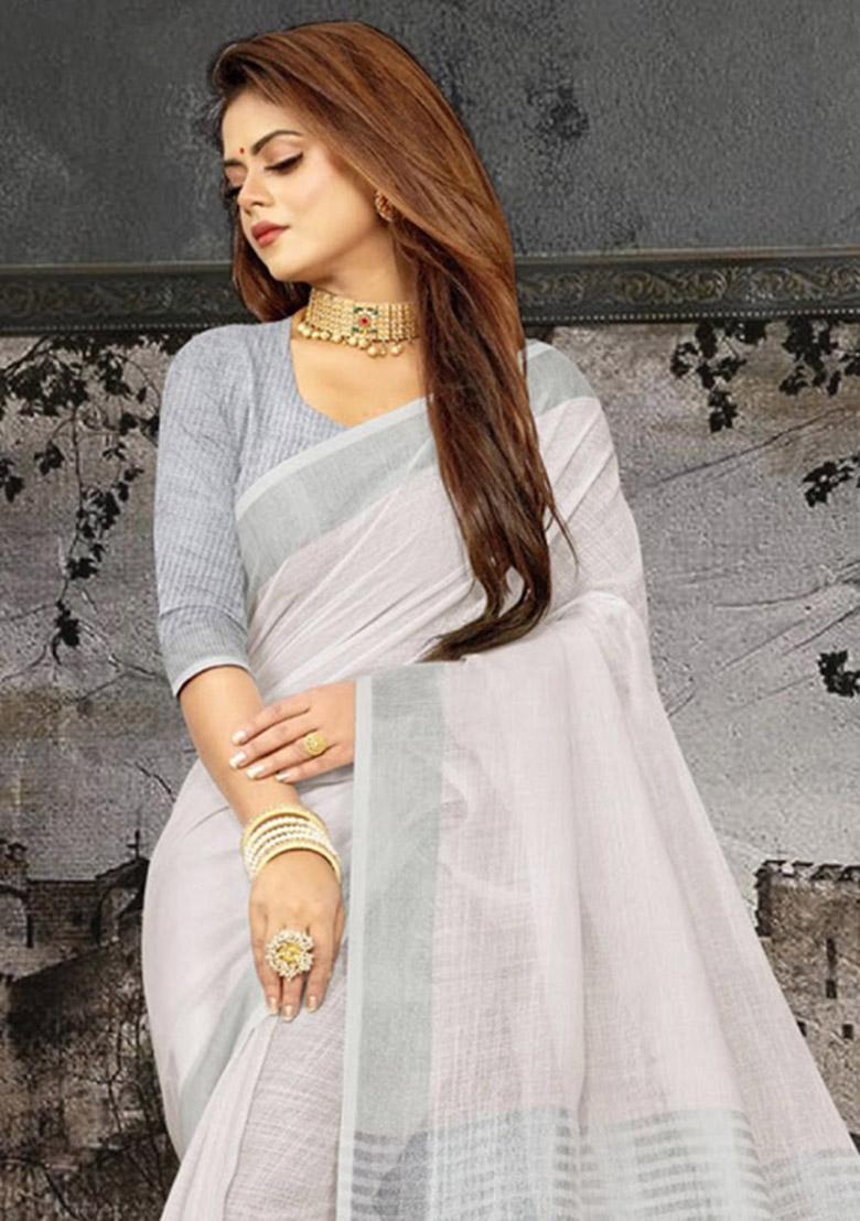 White Woven Zari Work Linen Cotton Saree Set