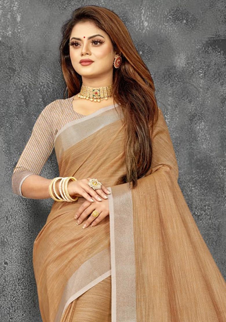 Tan Brown Woven Zari Work Linen Cotton Saree Set