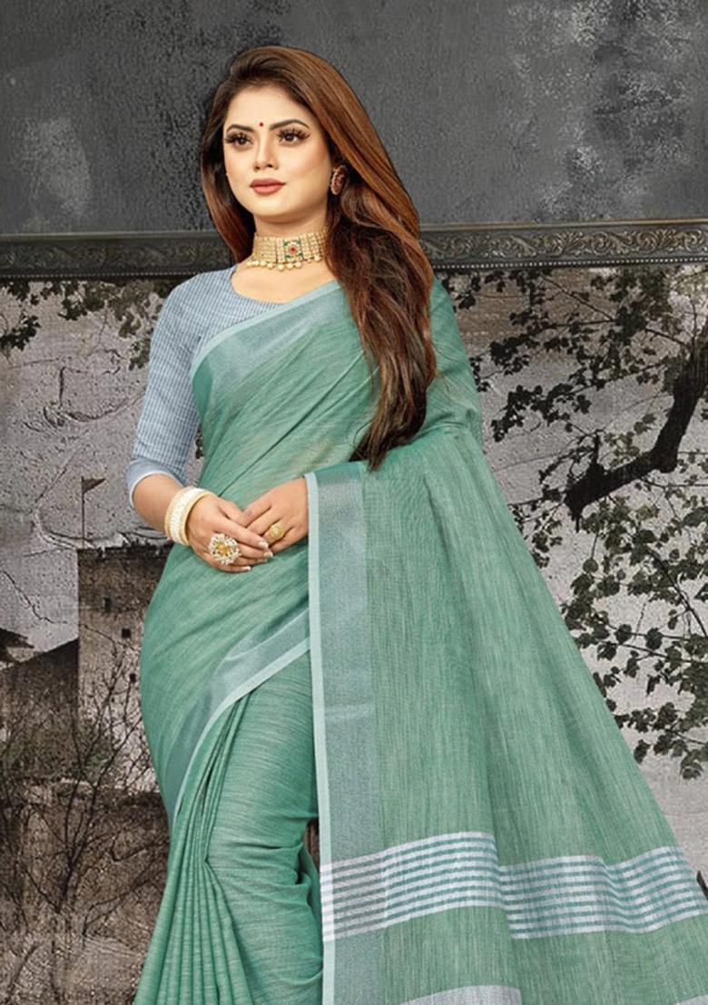 Sea Green Woven Zari Work Linen Cotton Saree Set