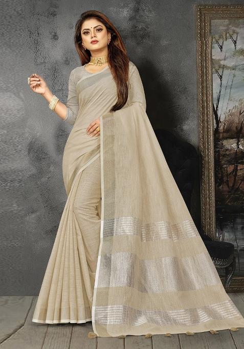 Cream Woven Zari Work Linen Cotton Saree Set