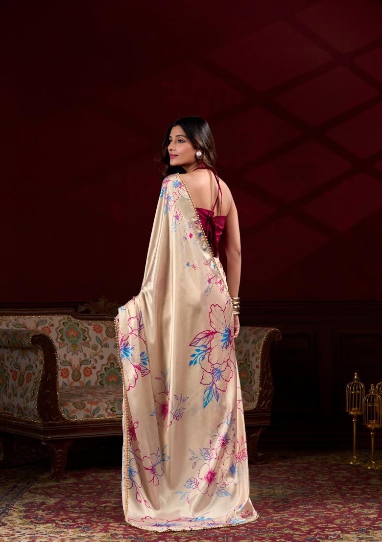 Cream Pearl Lace Satin Silk Saree Set With Blouse