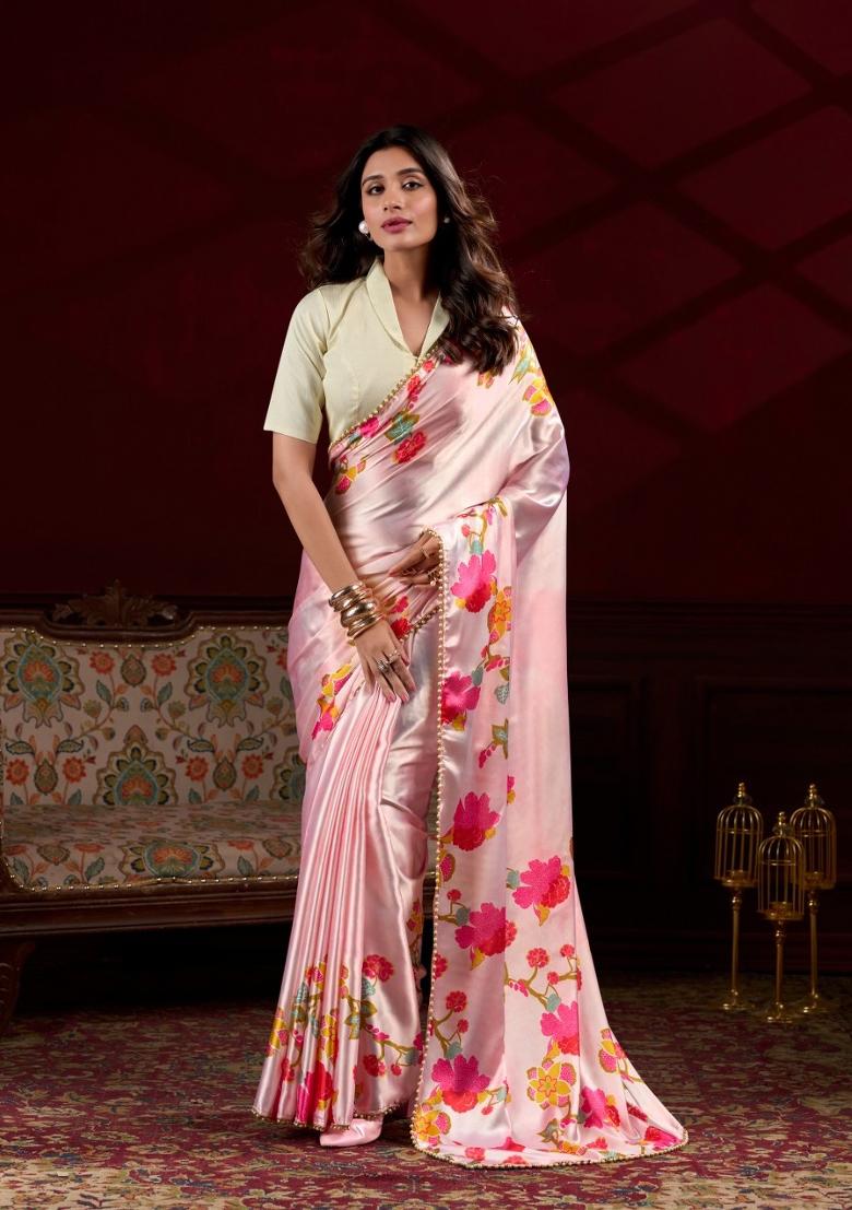 Peach Pearl Lace Satin Silk Saree Set With Blouse