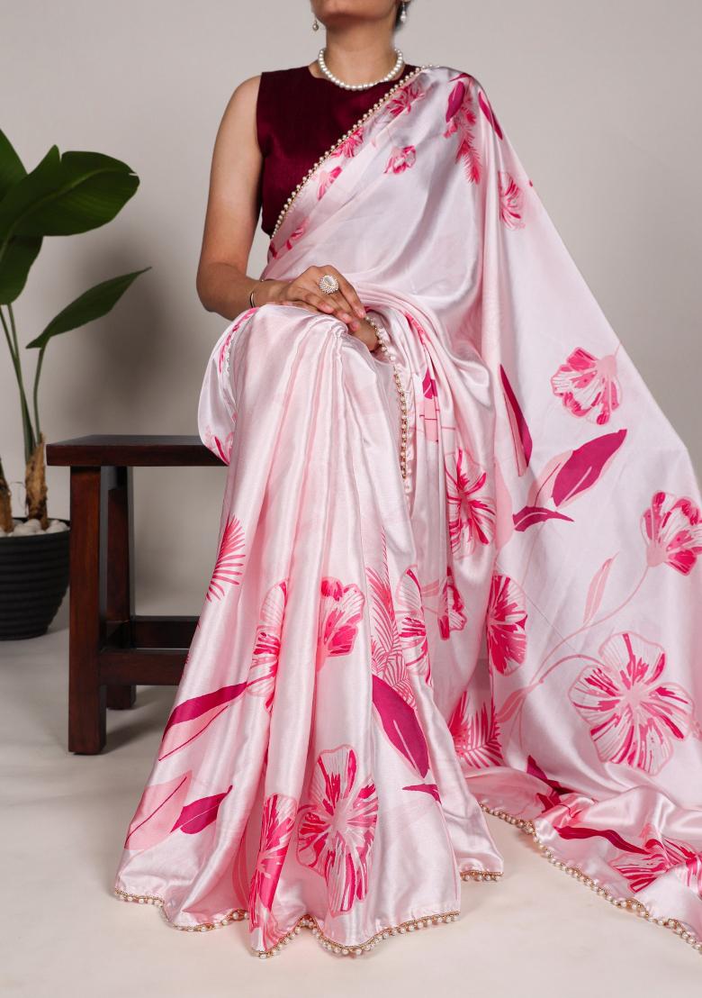Pink Pearl Lace Satin Silk Saree Set With Blouse